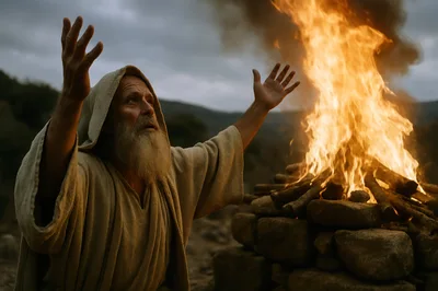 Elderly Prophet Praying Before A Blazing Stone Altar