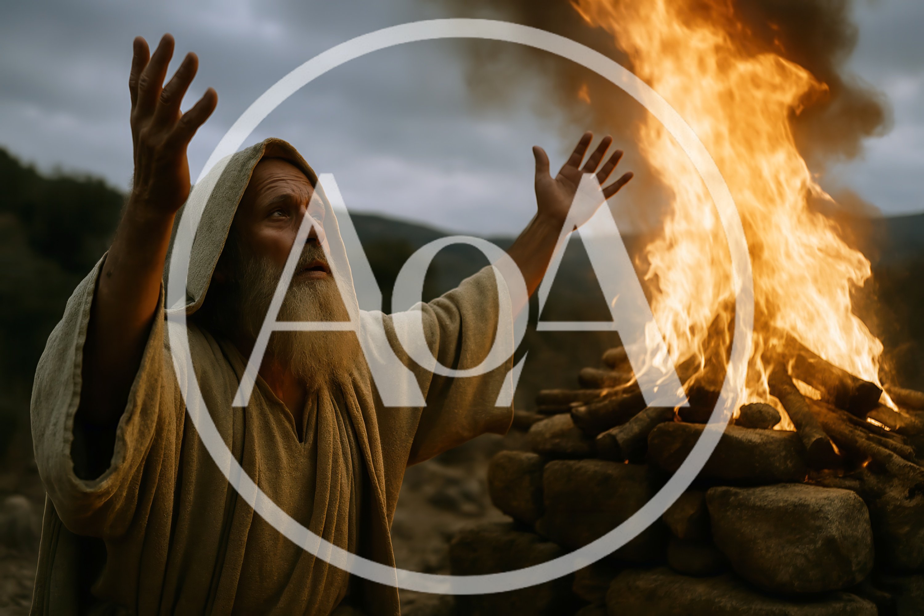 Elderly Prophet Praying Before A Blazing Stone Altar