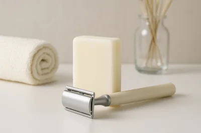 Safety Razor and Bar Soap on Bathroom Counter