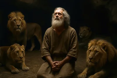 Biblical Prophet Daniel Praying Inside The Lions Den