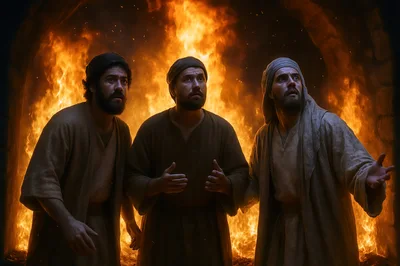 Three Men Standing Inside A Fiery Furnace