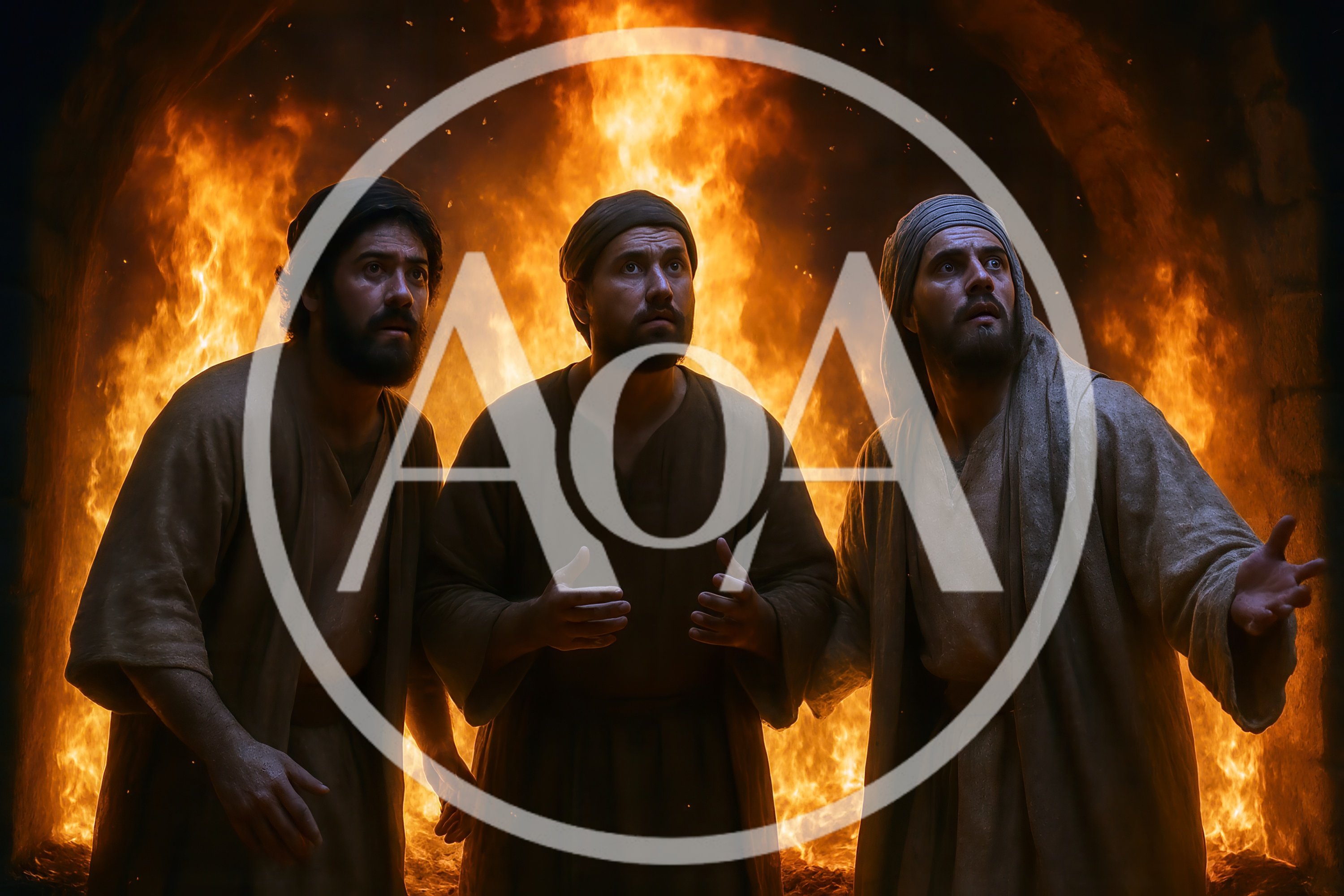 Three Men Standing Inside A Fiery Furnace