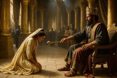 King Extending Golden Scepter To Kneeling Queen