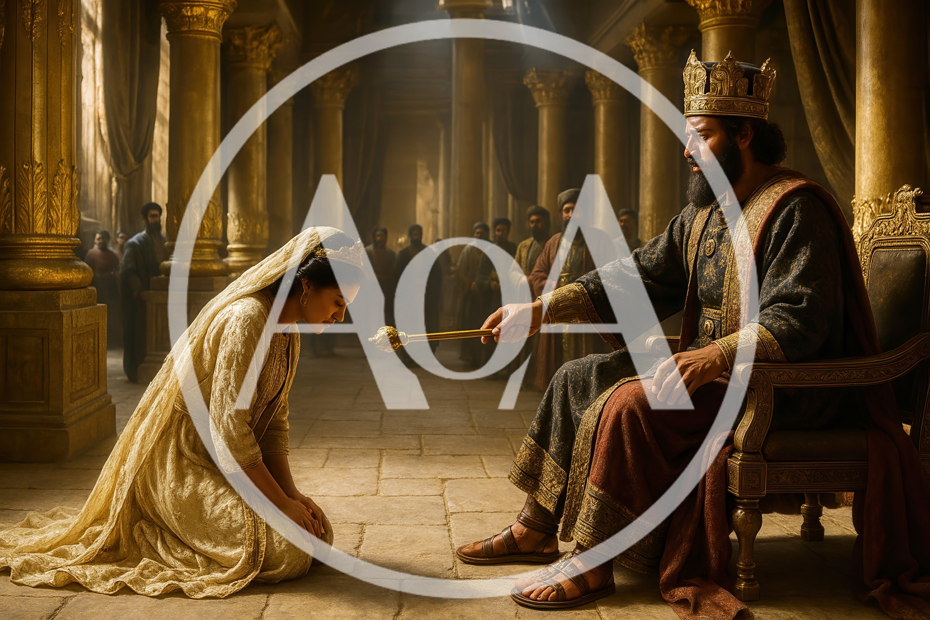 King Extending Golden Scepter To Kneeling Queen