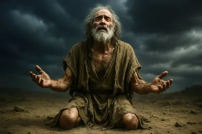 Elderly Man Kneeling In Prayer Under Stormy Sky