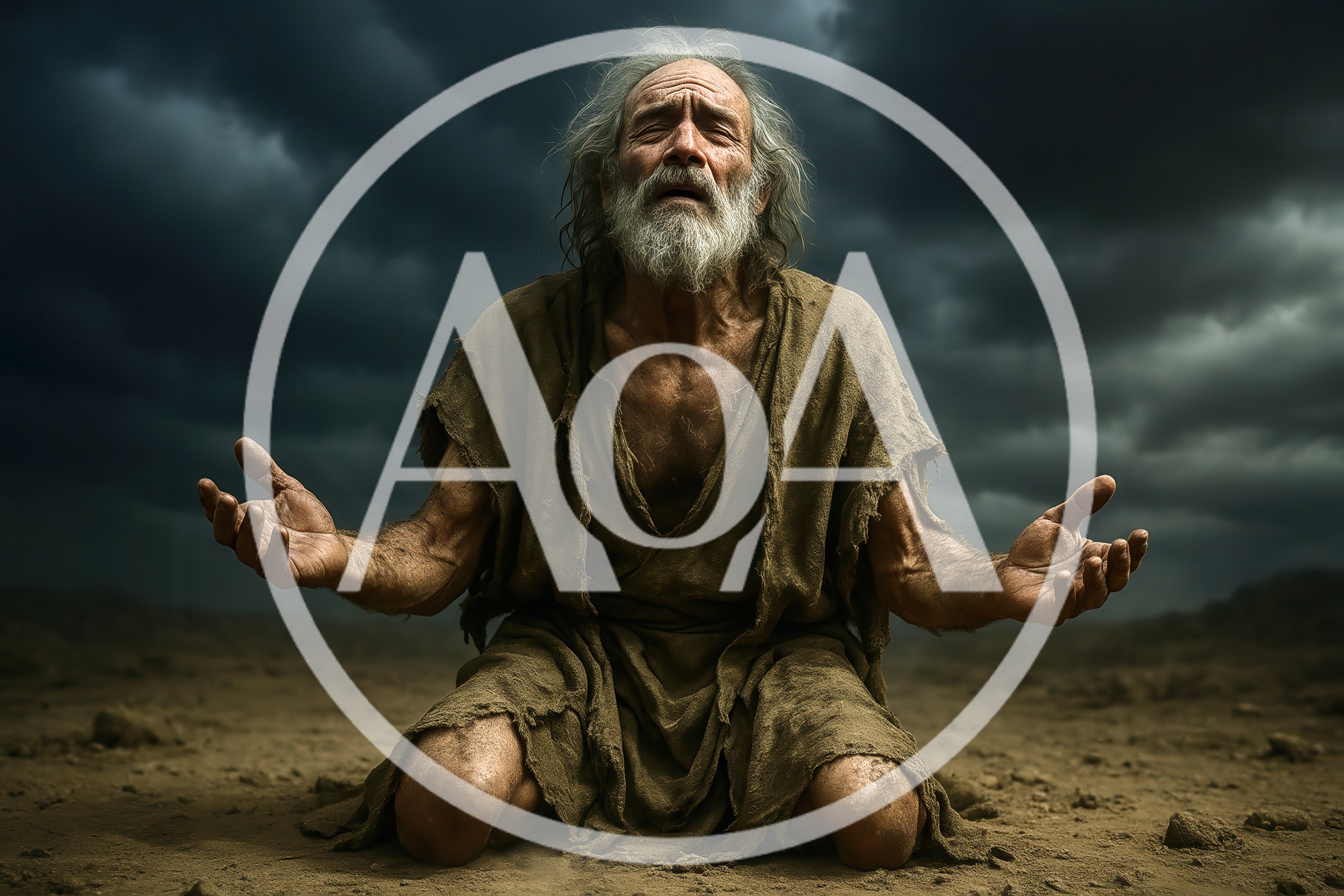 Elderly Man Kneeling In Prayer Under Stormy Sky
