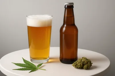 Beer Glass And Bottle With Cannabis Leaf And Bud