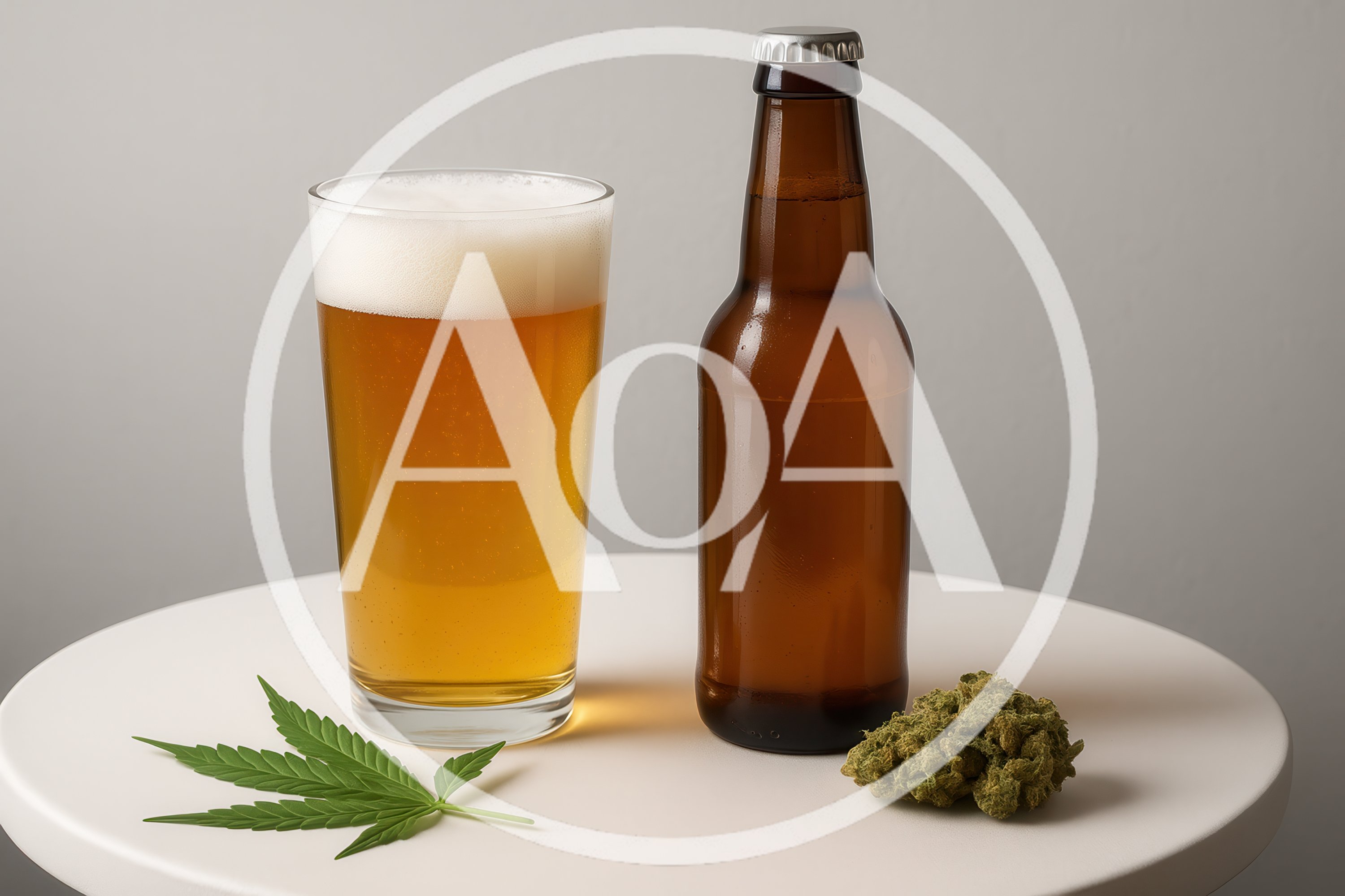 Beer Glass And Bottle With Cannabis Leaf And Bud