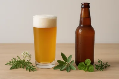 Craft Beer Glass And Brown Bottle With Fresh Herbs
