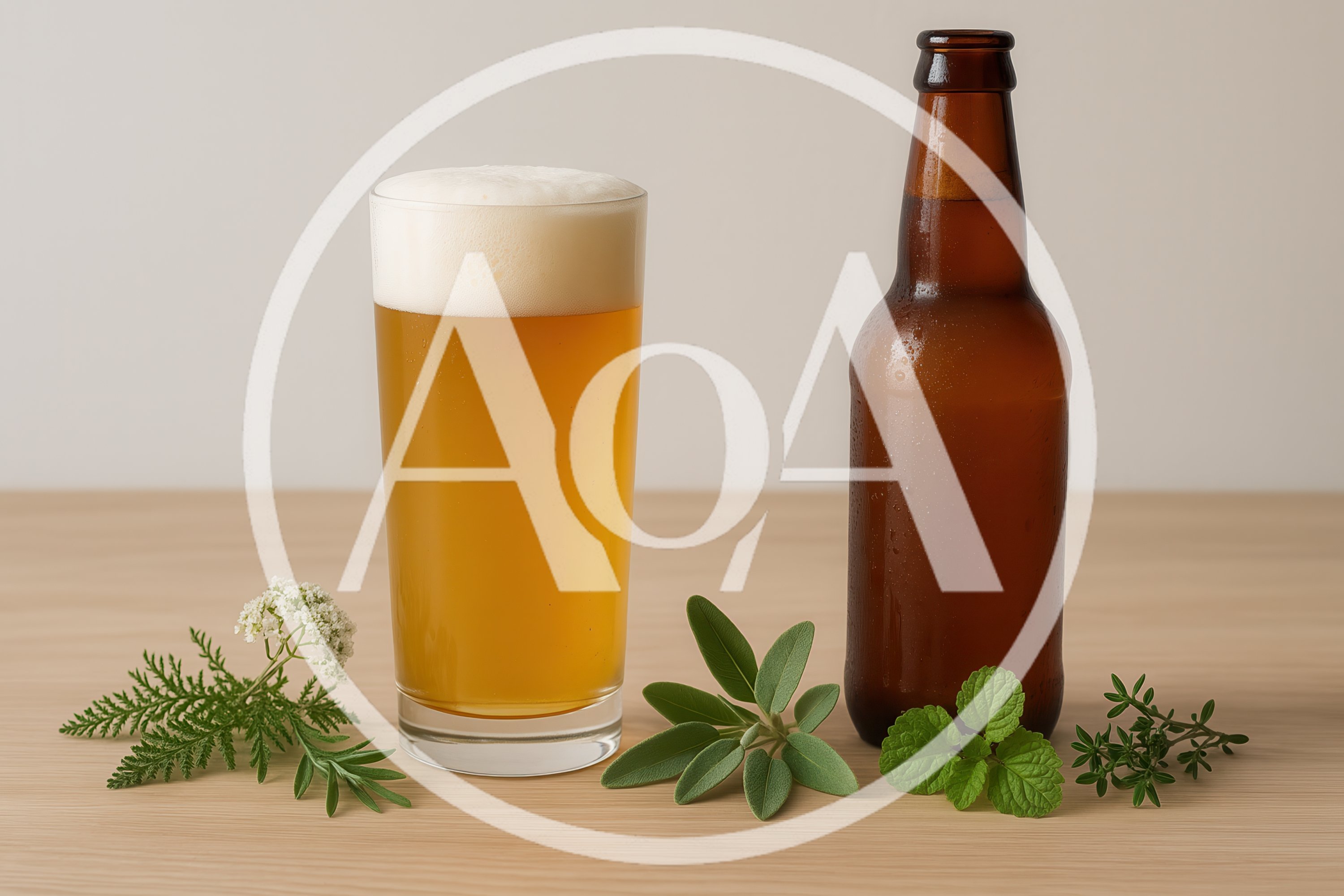 Craft Beer Glass And Brown Bottle With Fresh Herbs