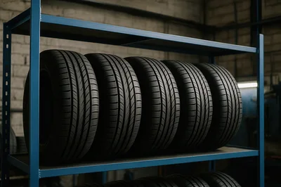 New Car Tires Stored On Metal Shelving