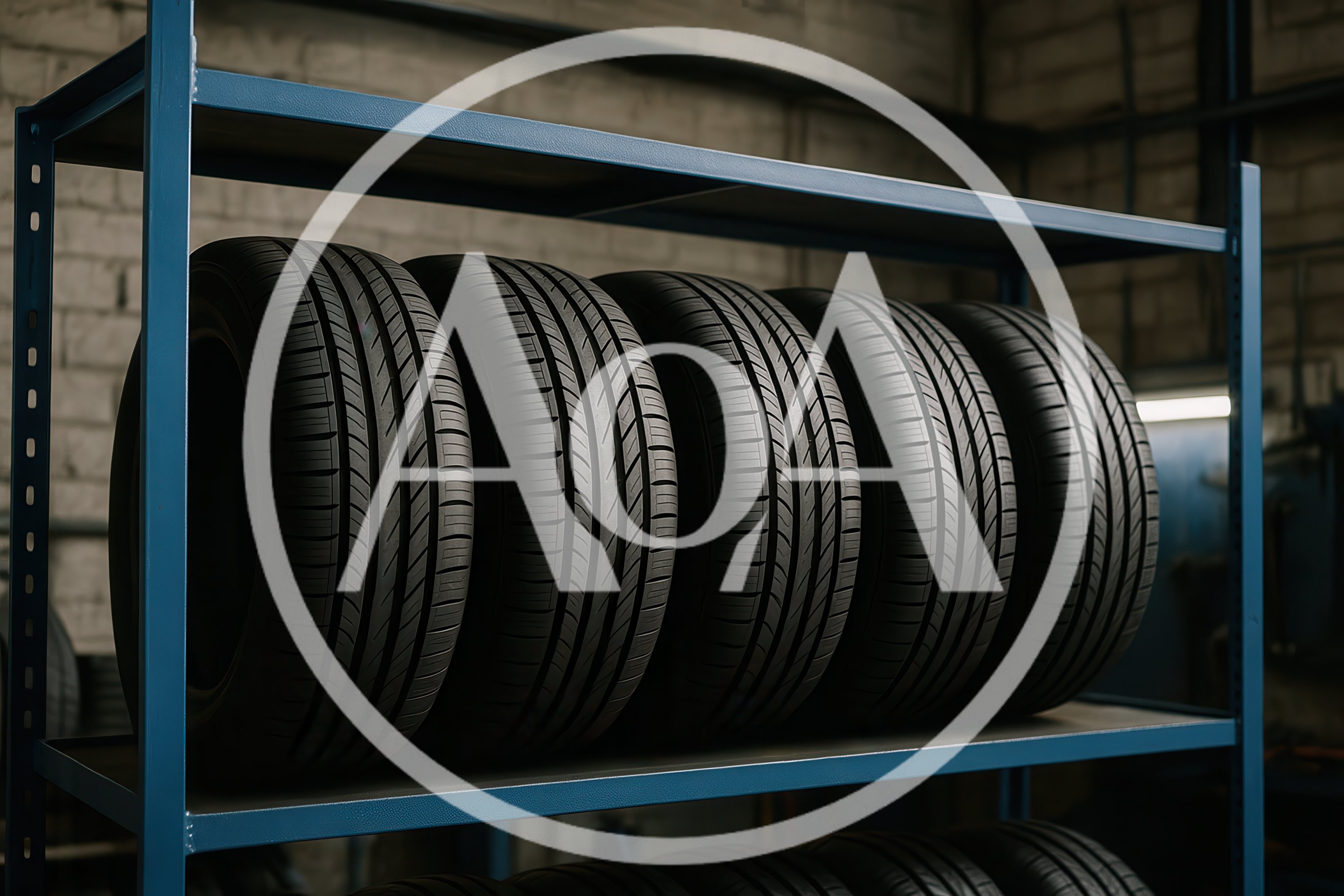 New Car Tires Stored On Metal Shelving