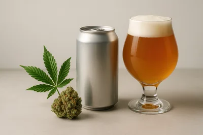 Cannabis Bud and Leaf Beside Beer Can and Glass
