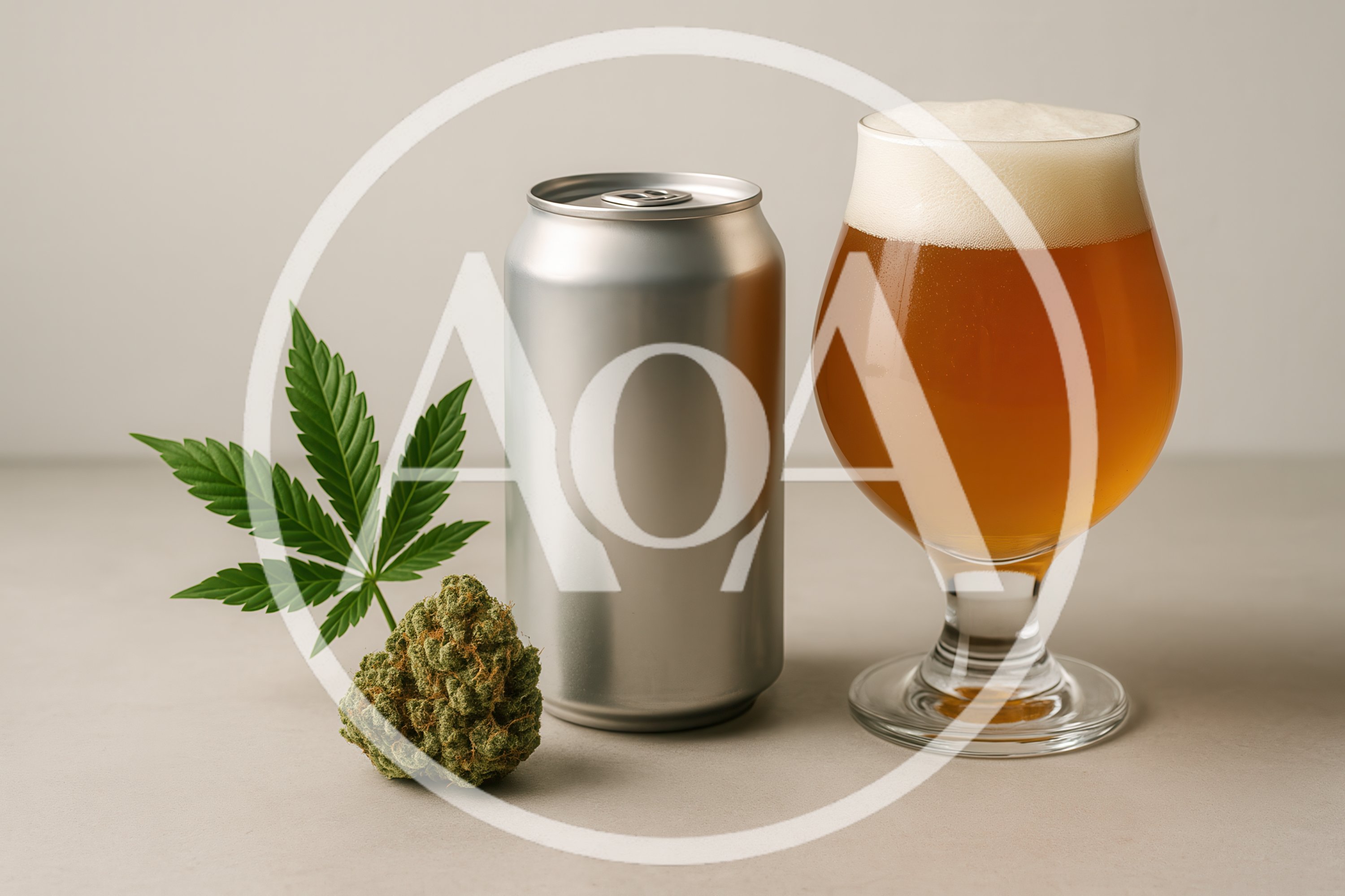 Cannabis Bud and Leaf Beside Beer Can and Glass