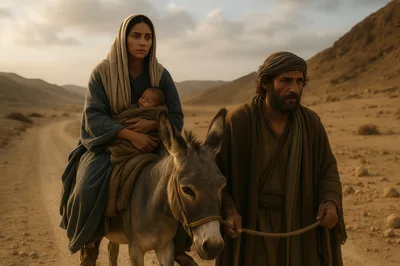 Holy Family Traveling Through Desert Landscape