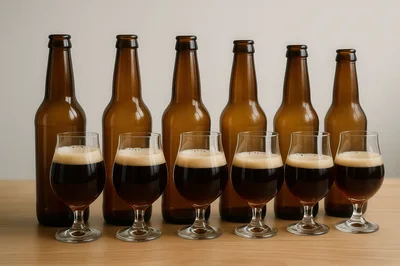 Six Brown Beer Bottles And Matching Glasses