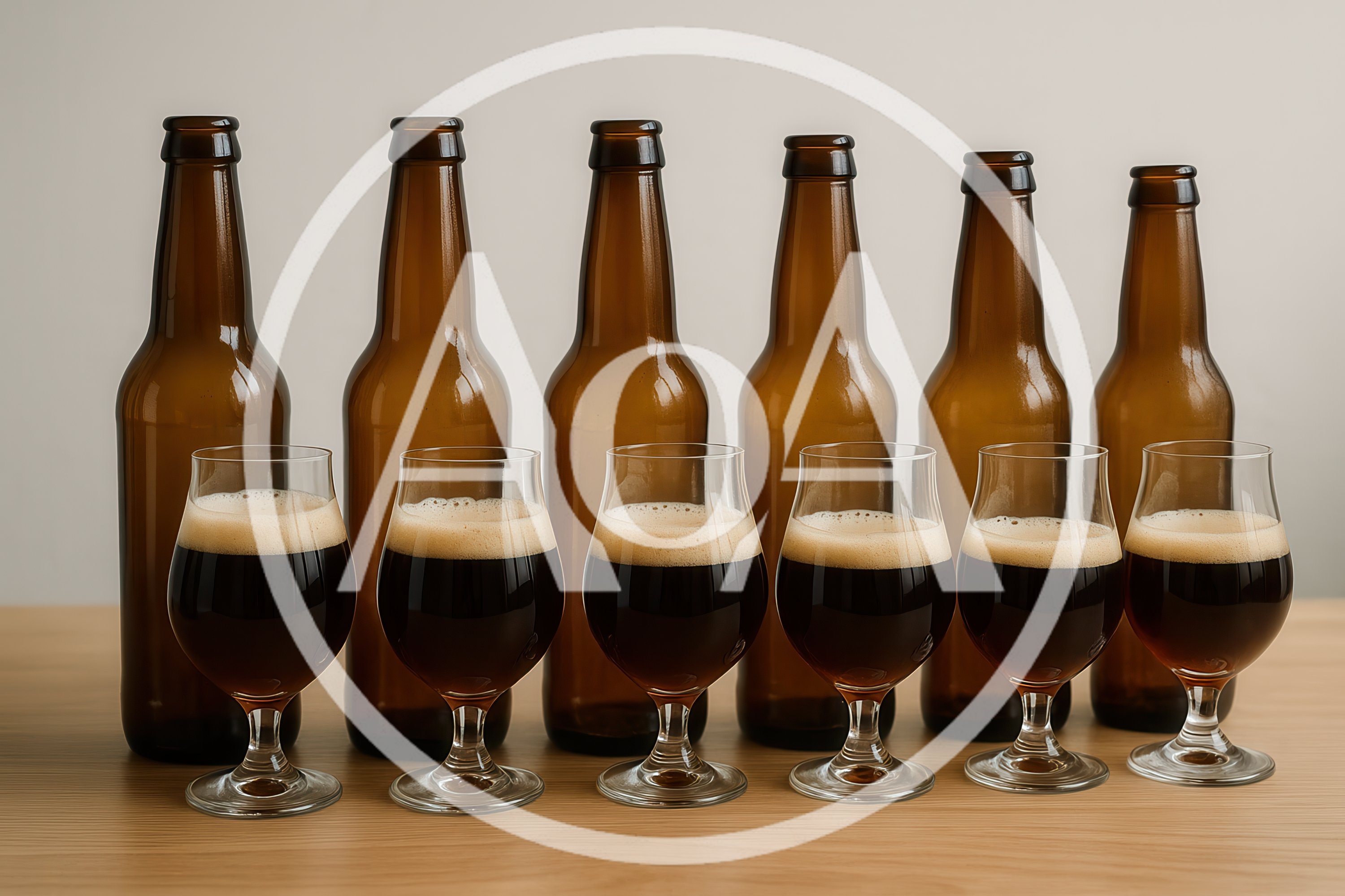 Six Brown Beer Bottles And Matching Glasses