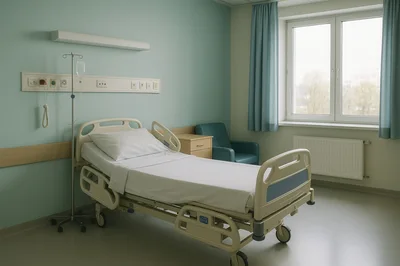 Empty Hospital Room With Adjustable Bed And Medical Equipment