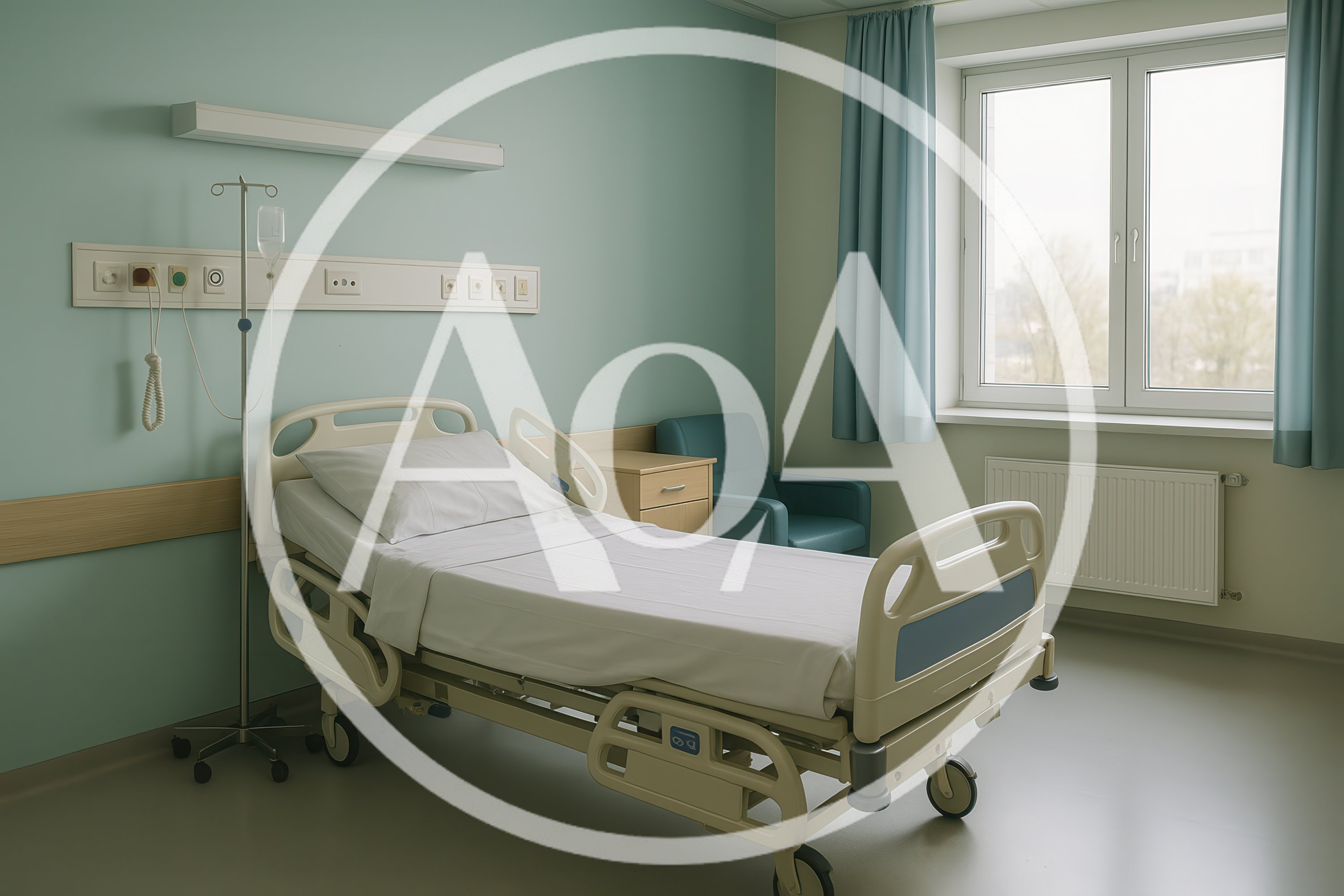 Empty Hospital Room With Adjustable Bed And Medical Equipment