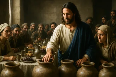 Jesus Performing Miracle With Water Jars