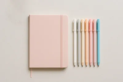 Pastel Notebook and Colorful Pens on Minimalist Background