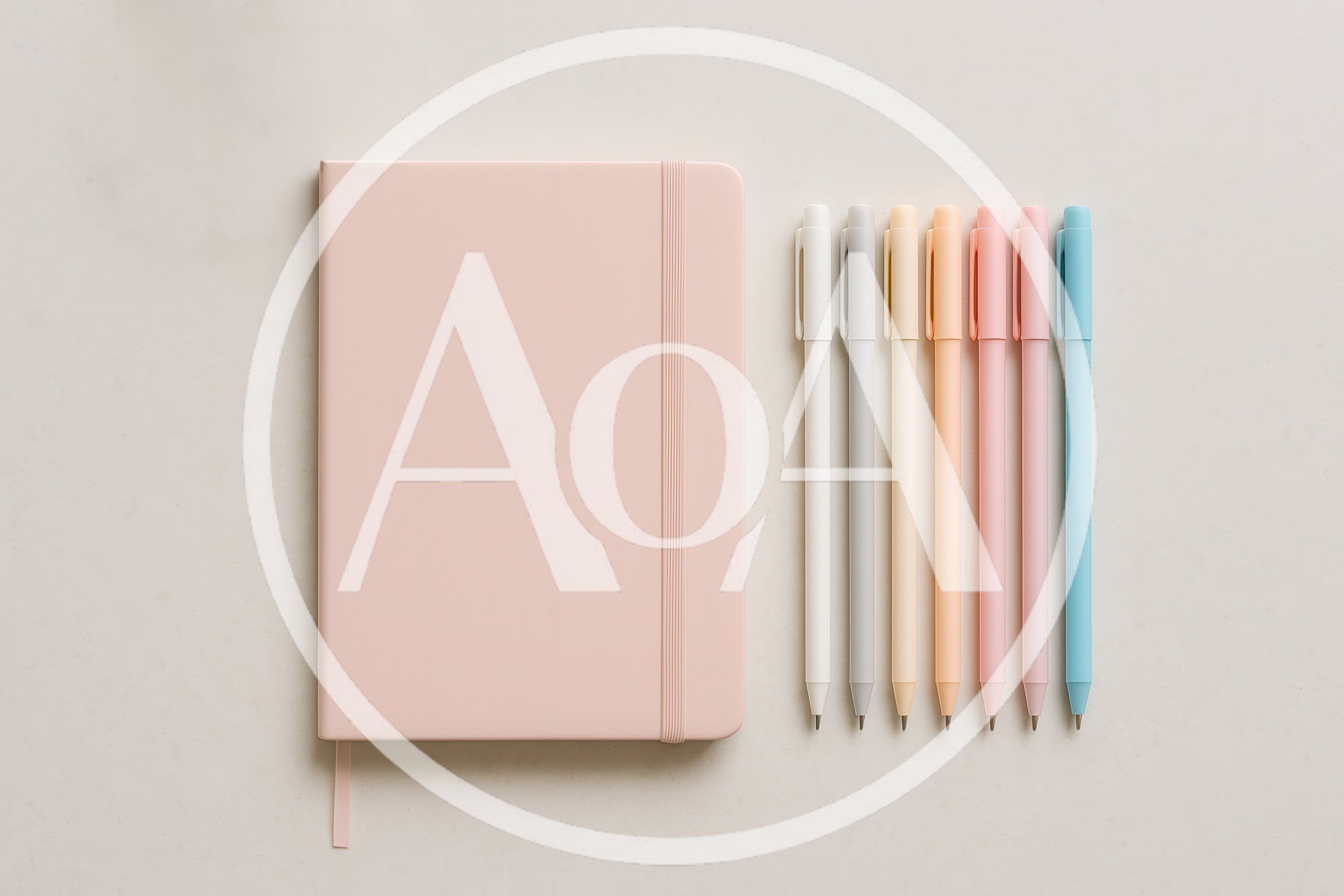 Pastel Notebook and Colorful Pens on Minimalist Background