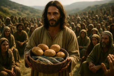 Jesus Holding A Basket Of Bread And Fish
