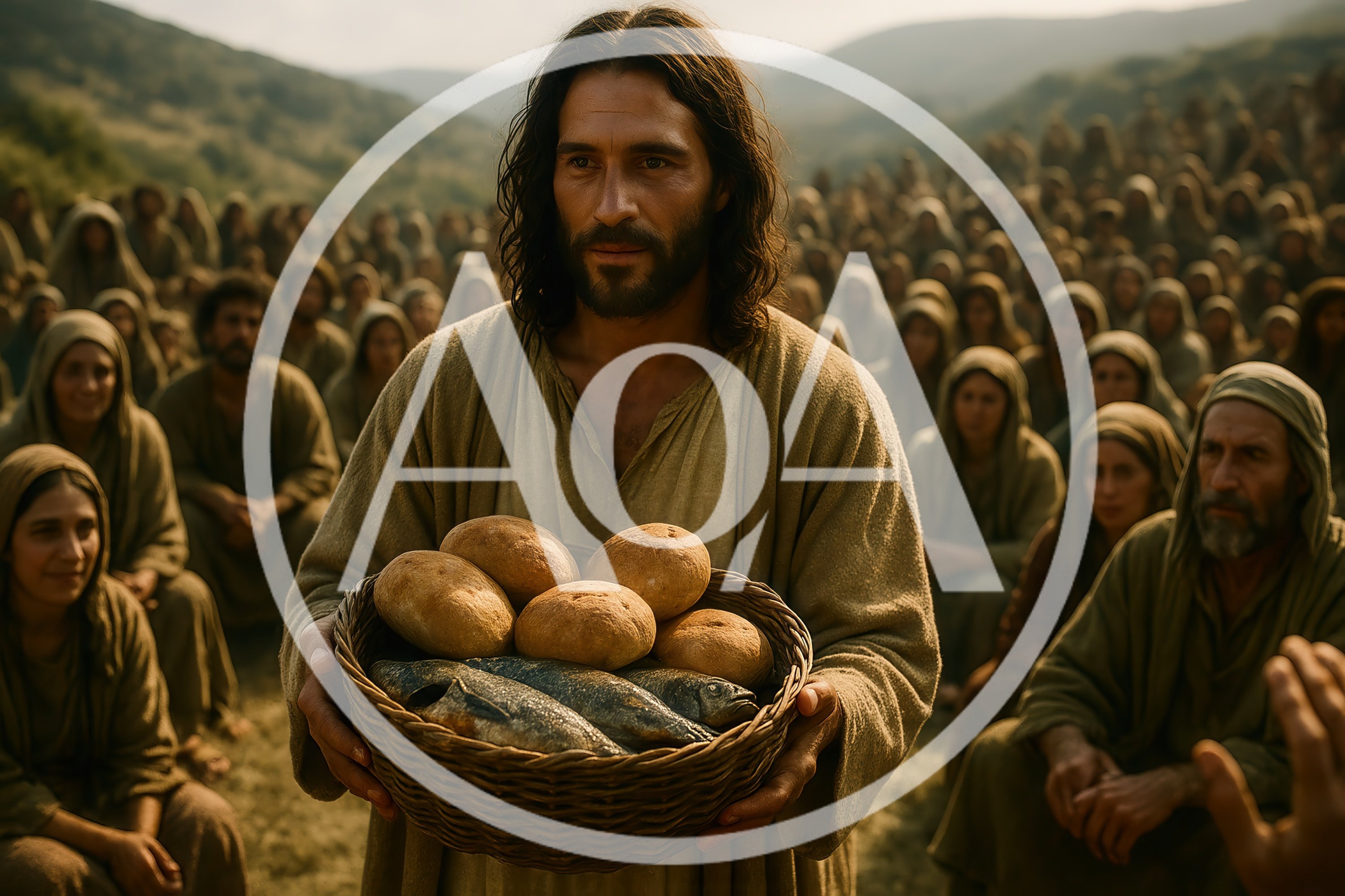 Jesus Holding A Basket Of Bread And Fish