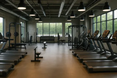 Modern Industrial Gym Interior With Treadmills And Weights