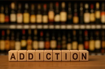 Wooden Blocks Spelling Addiction In Front Of Liquor Bottles