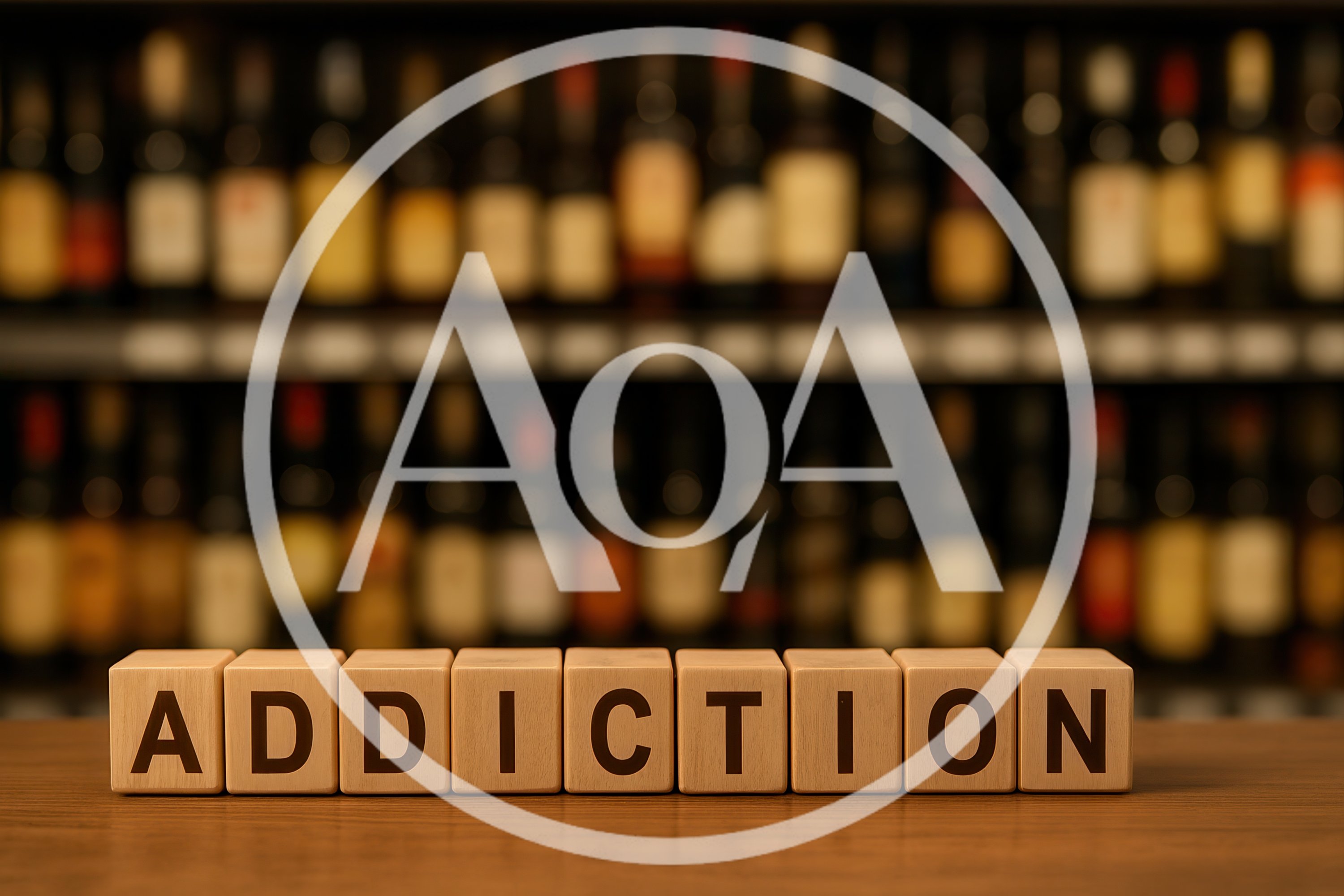 Wooden Blocks Spelling Addiction In Front Of Liquor Bottles