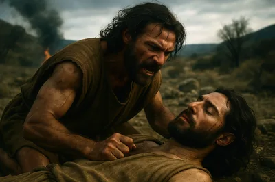 Biblical Scene of Man Mourning Over Fallen Companion