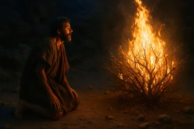 Biblical Man Kneeling Before A Burning Bush