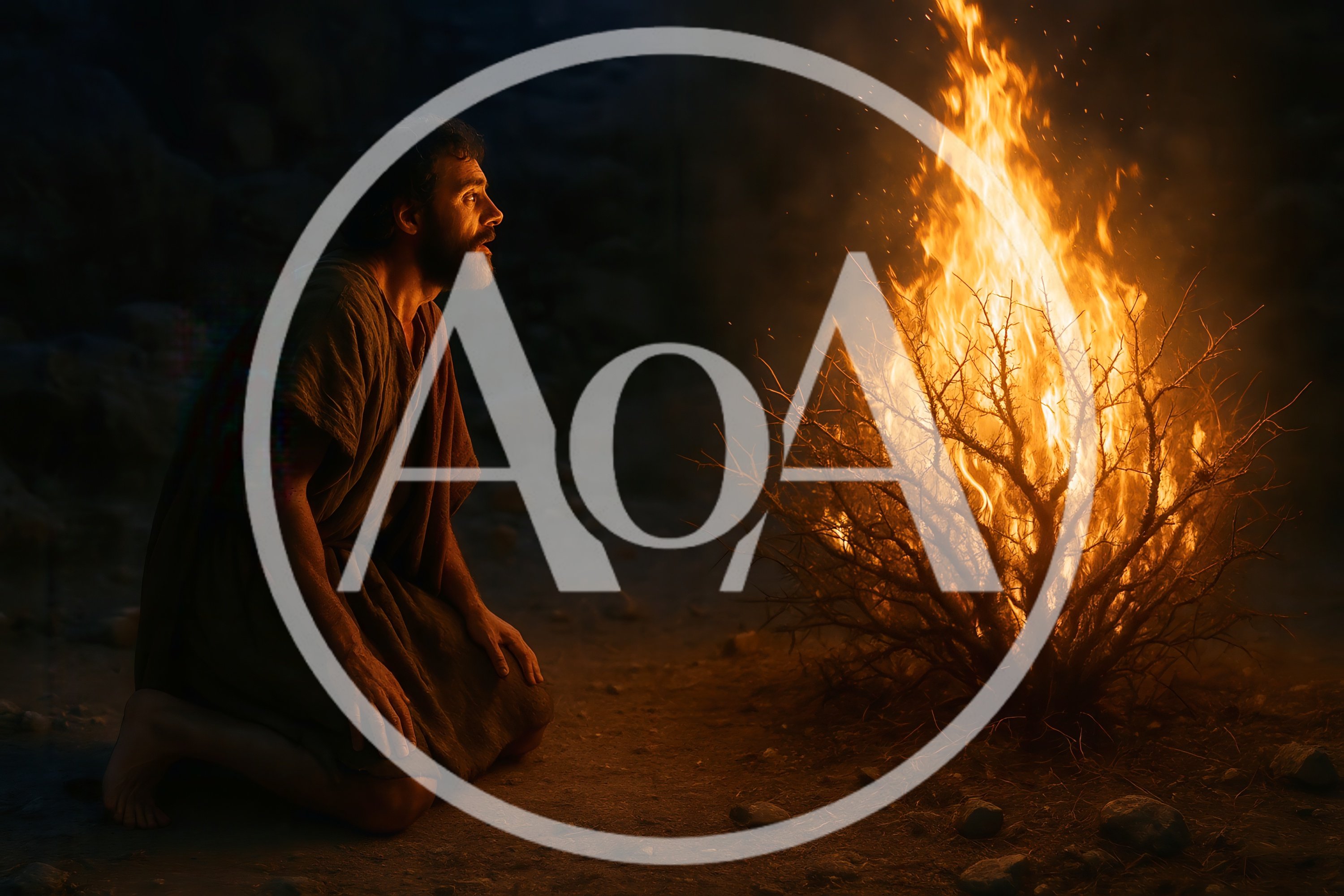 Biblical Man Kneeling Before A Burning Bush