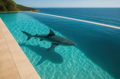 Great White Shark Swimming In Luxury Infinity Pool