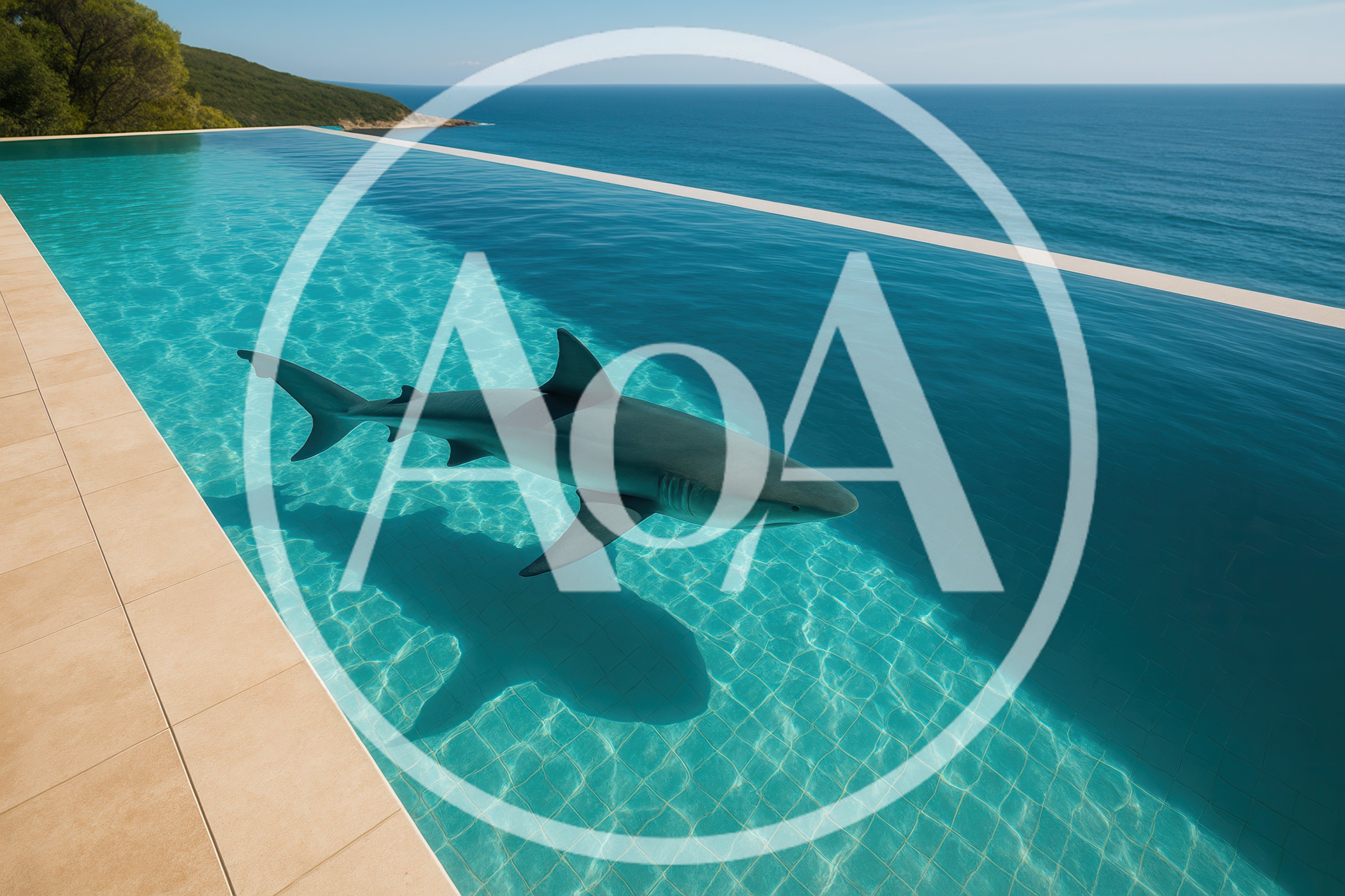 Great White Shark Swimming In Luxury Infinity Pool