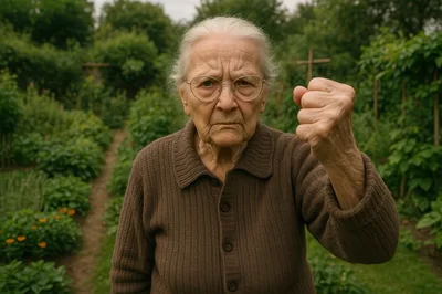 Angry Elderly Woman Shaking Her Fist In A Garden