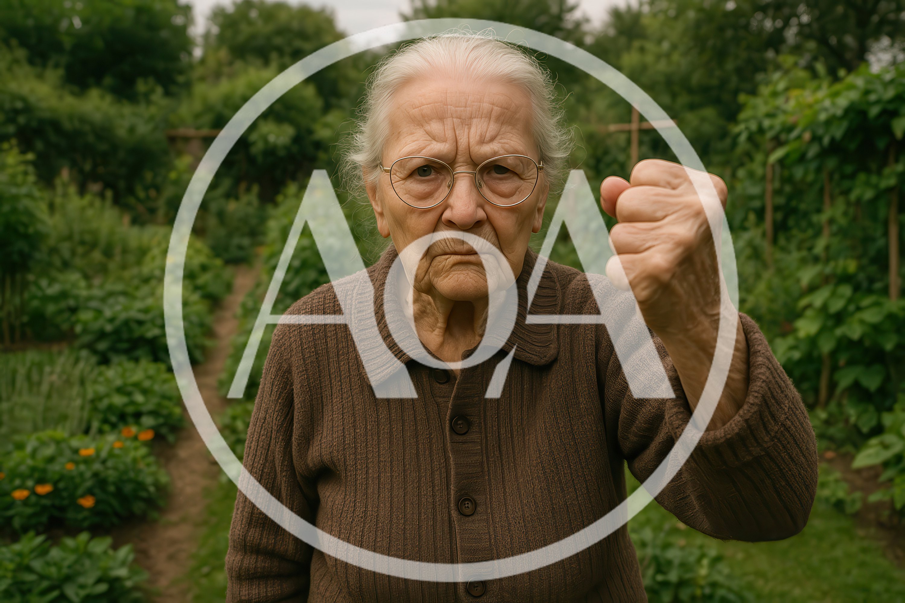 Angry Elderly Woman Shaking Her Fist In A Garden