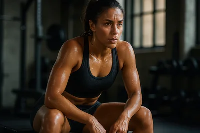 Sweaty Female Athlete Resting After Intense Gym Workout