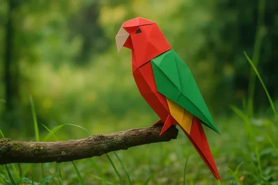 Origami Paper Parrot Perched On A Tree Branch