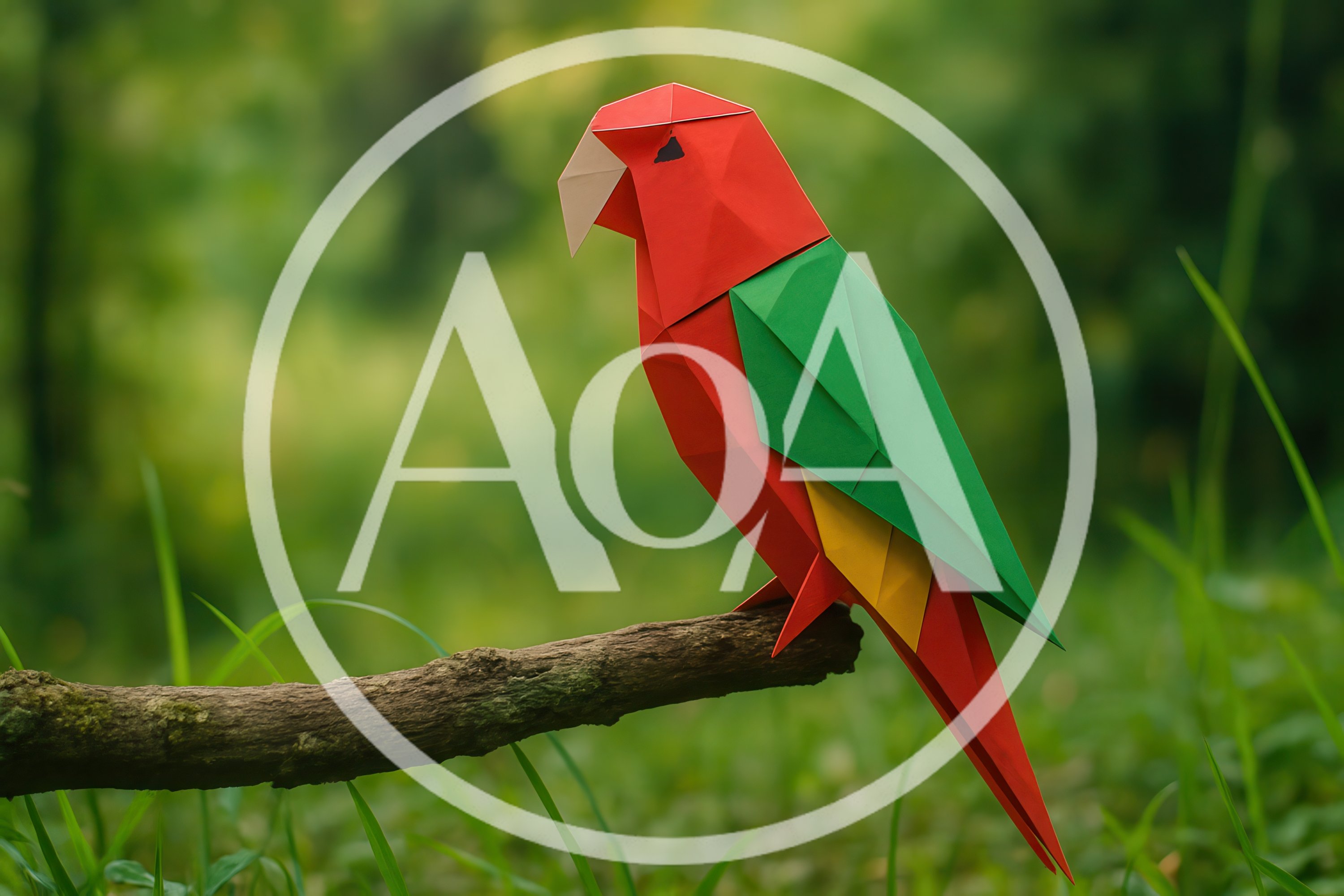 Origami Paper Parrot Perched On A Tree Branch