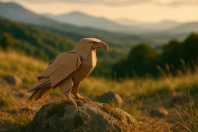 Origami Eagle Perched On A Mountain Rock