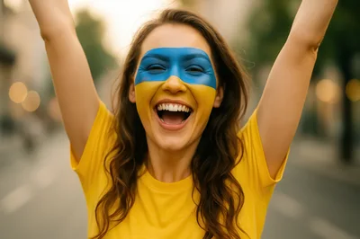Young Woman Celebrating With Ukrainian Flag Face Paint