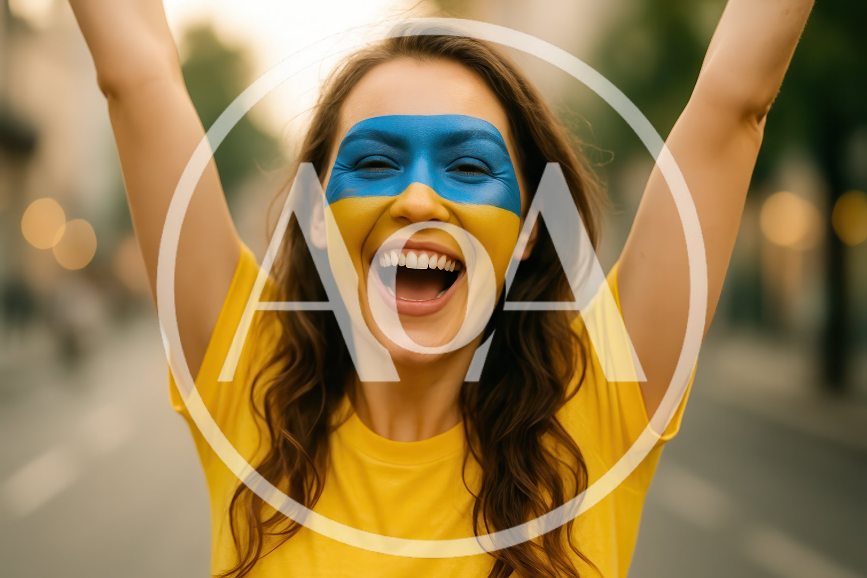 Young Woman Celebrating With Ukrainian Flag Face Paint