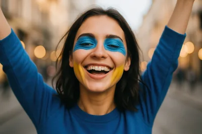 Happy Woman With Ukrainian Flag Face Paint Celebrating