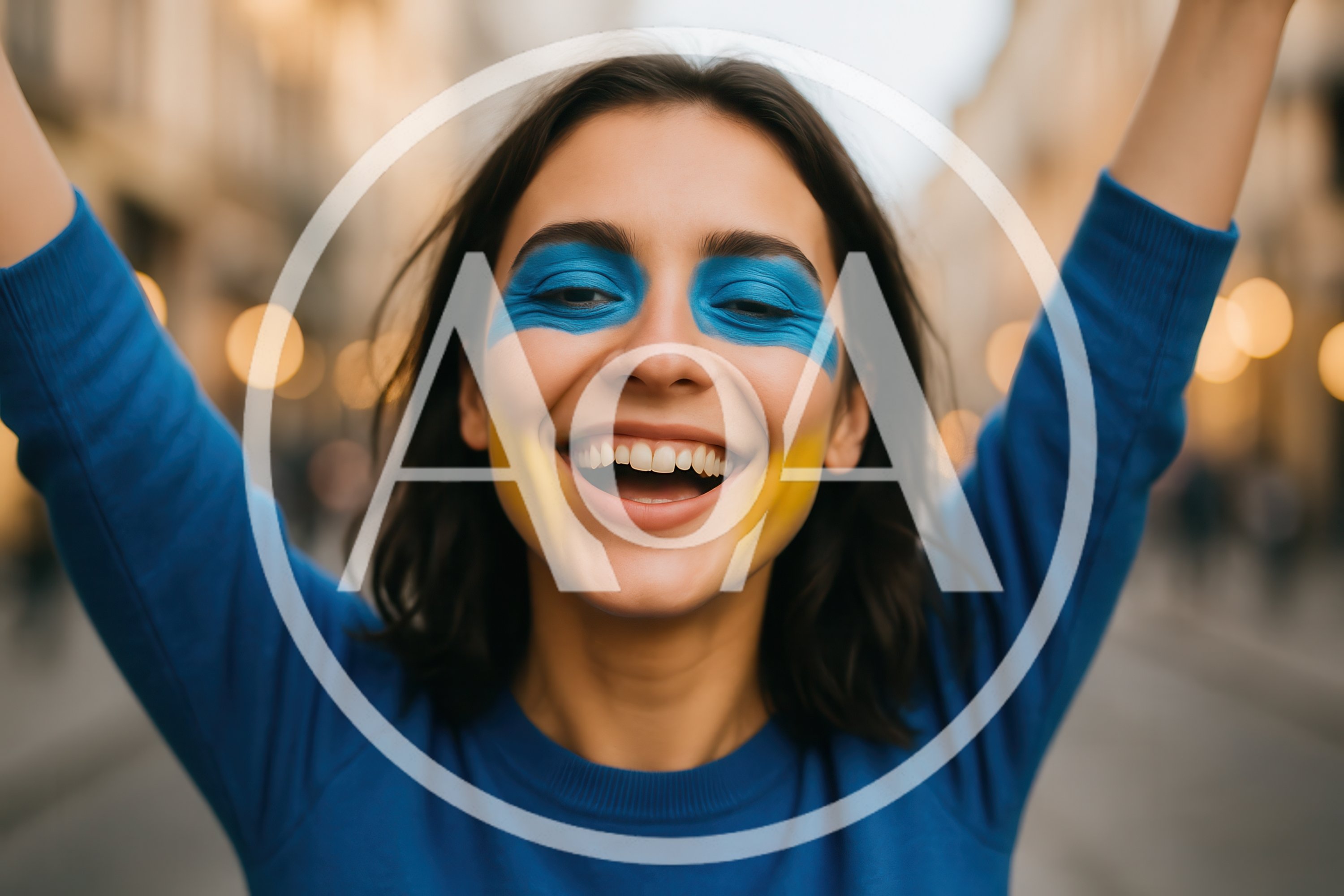 Happy Woman With Ukrainian Flag Face Paint Celebrating