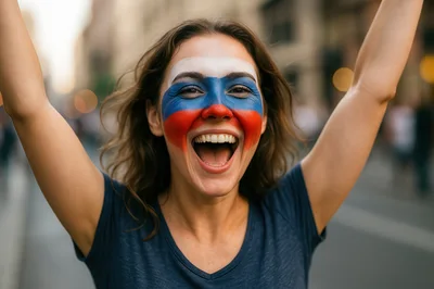 Excited Woman With Russian Flag Face Paint