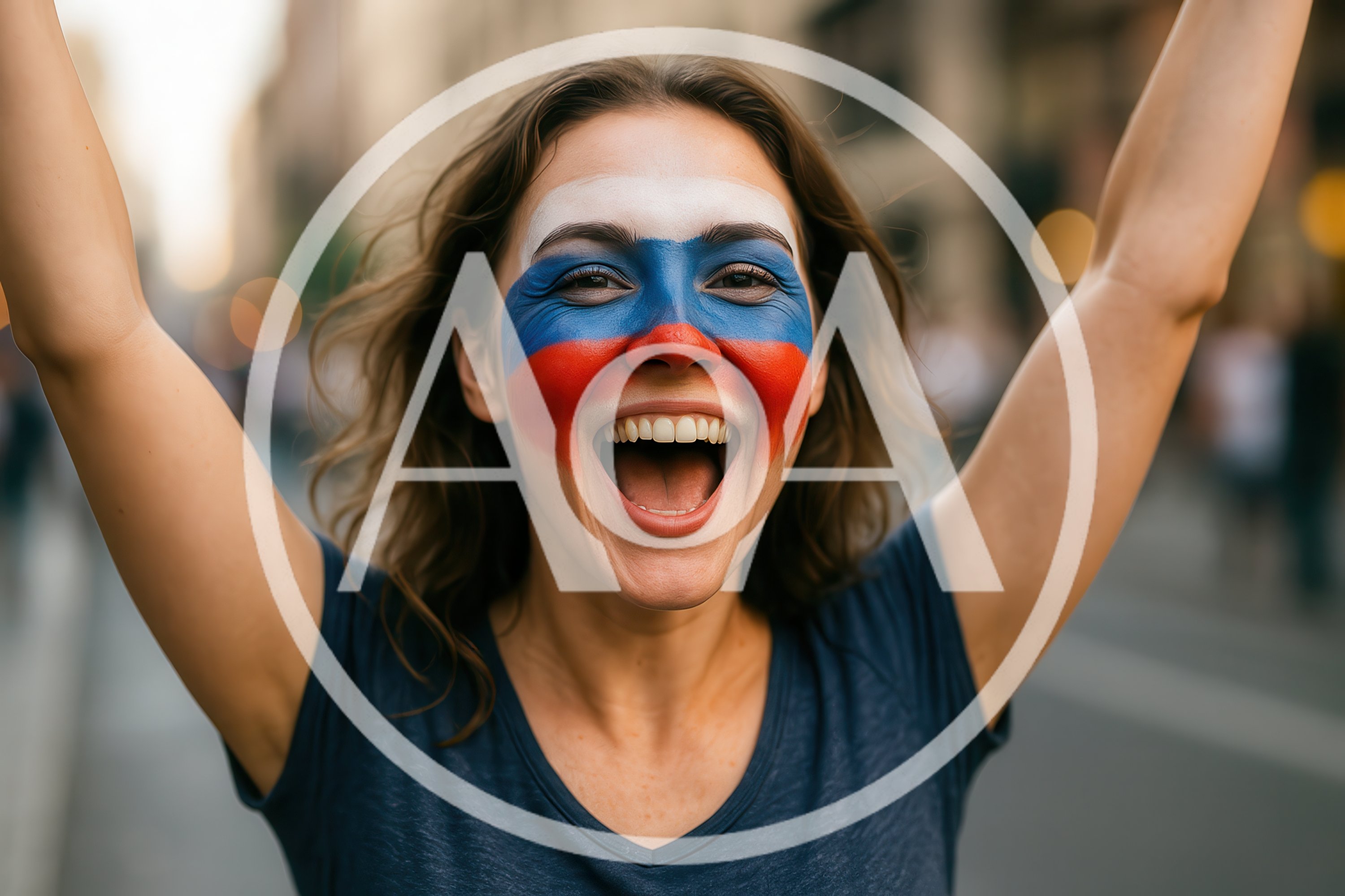 Excited Woman With Russian Flag Face Paint