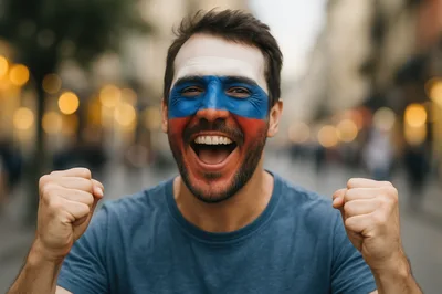 Excited Sports Fan With Russian Flag Face Paint