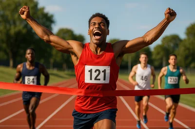 Male Sprinter Crossing Finish Line In Victory